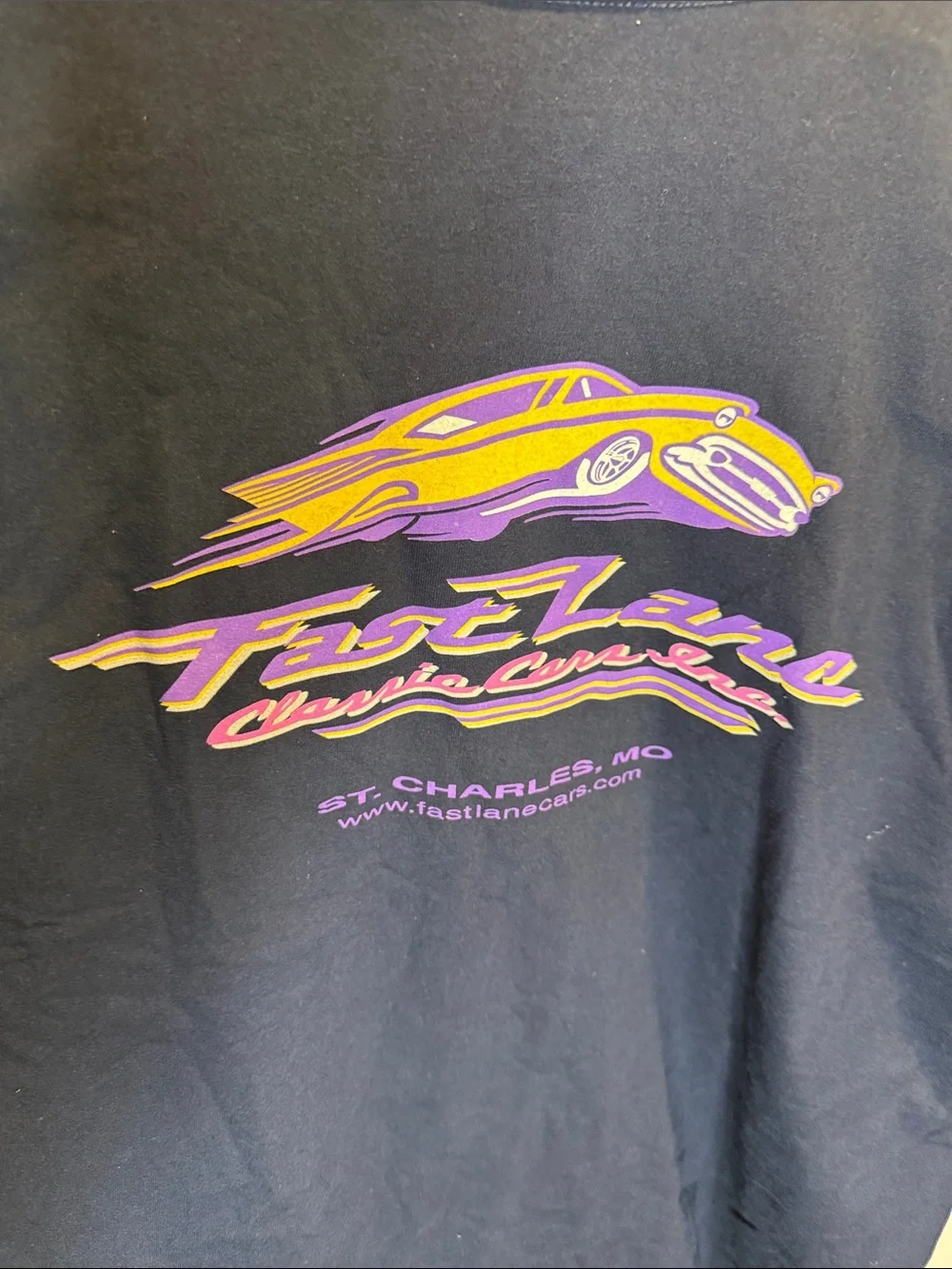 Fast Lane Classic Cars, St. Charles MI Navy Crewneck T-Shirt Size:XXL